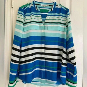 Calvin Klein Striped Black Blue White and Green Blouse Size small